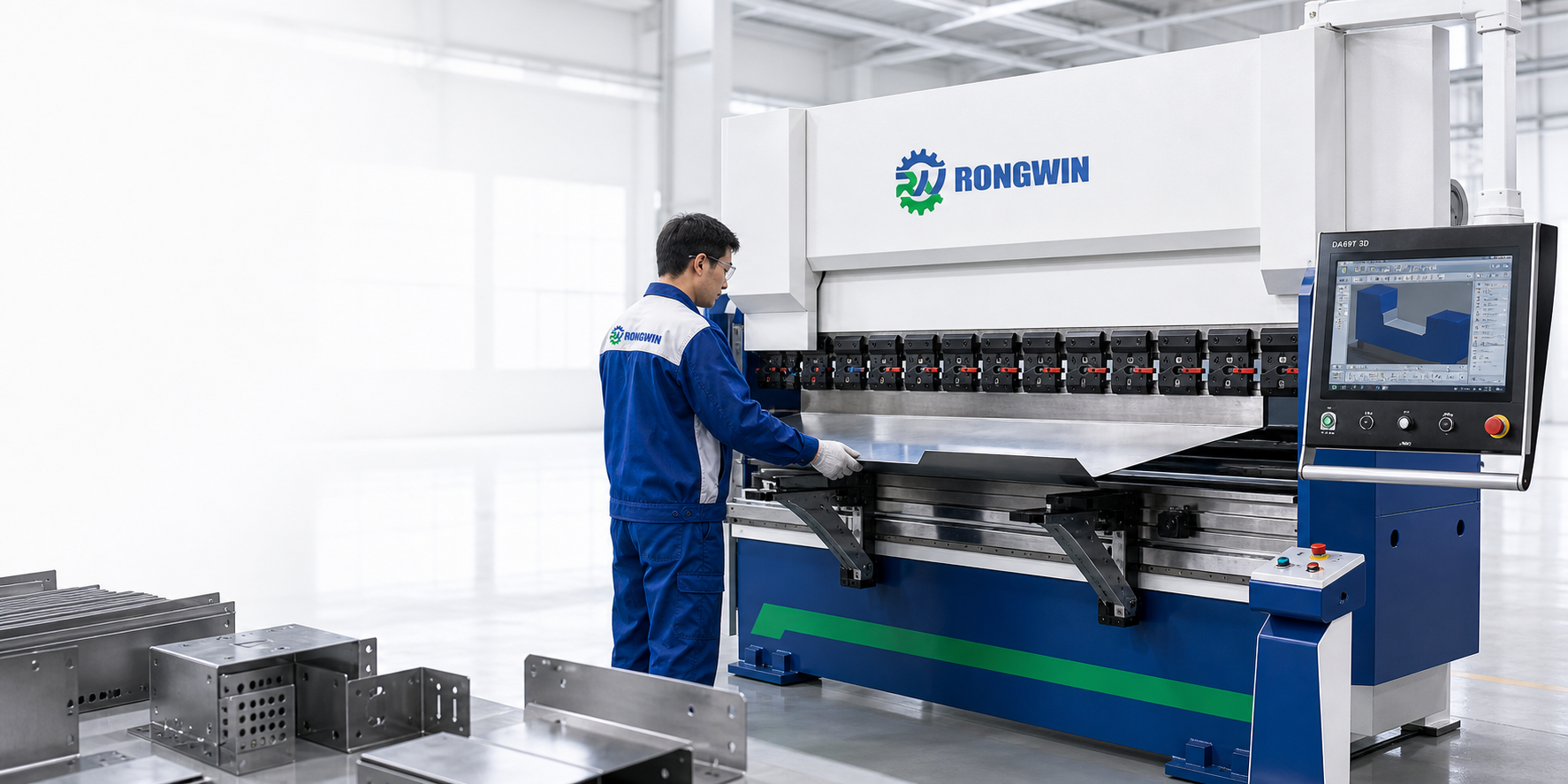 RONGWIN press brake with centered logo, operator, bending workpiece, and DA69T 3D controller