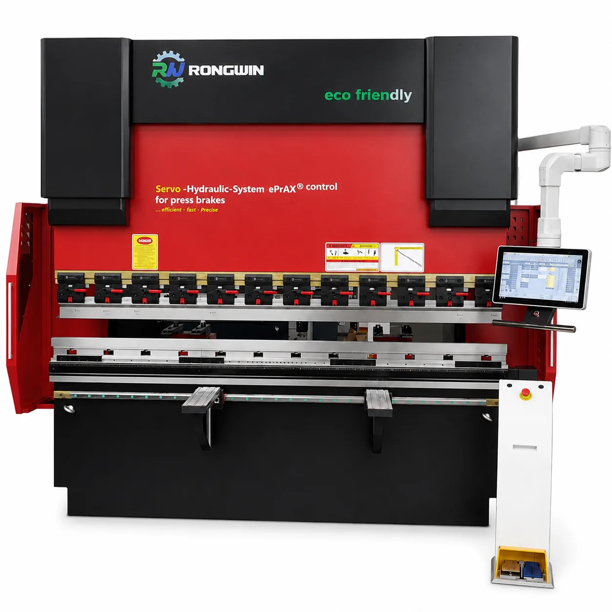 RONGWIN servo hydraulic CNC press brake with branded machine body and touchscreen controller